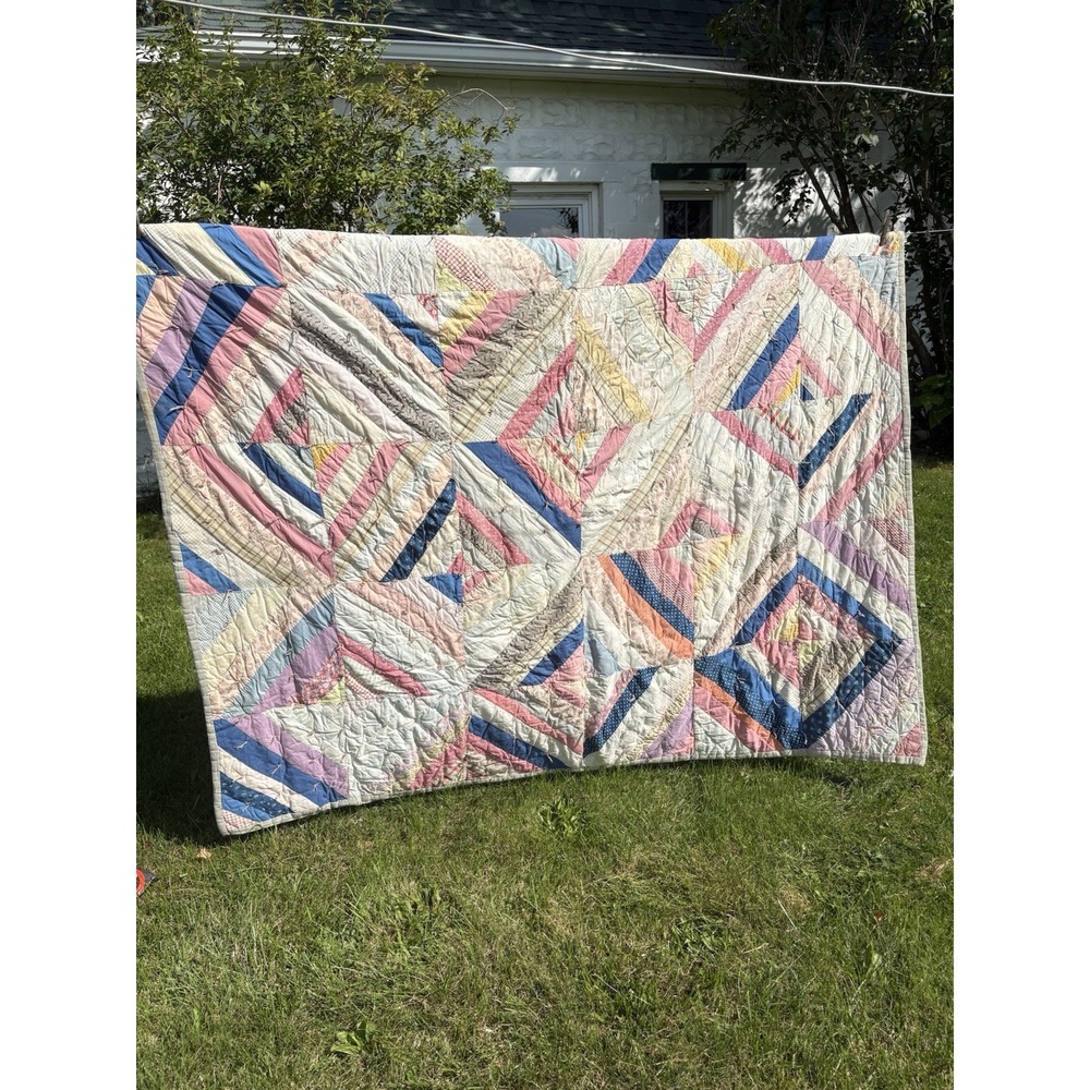 Antique Handmade Quilt Pastel Thick Heavy Wool Lined Cottagecore Granny 71" X 64